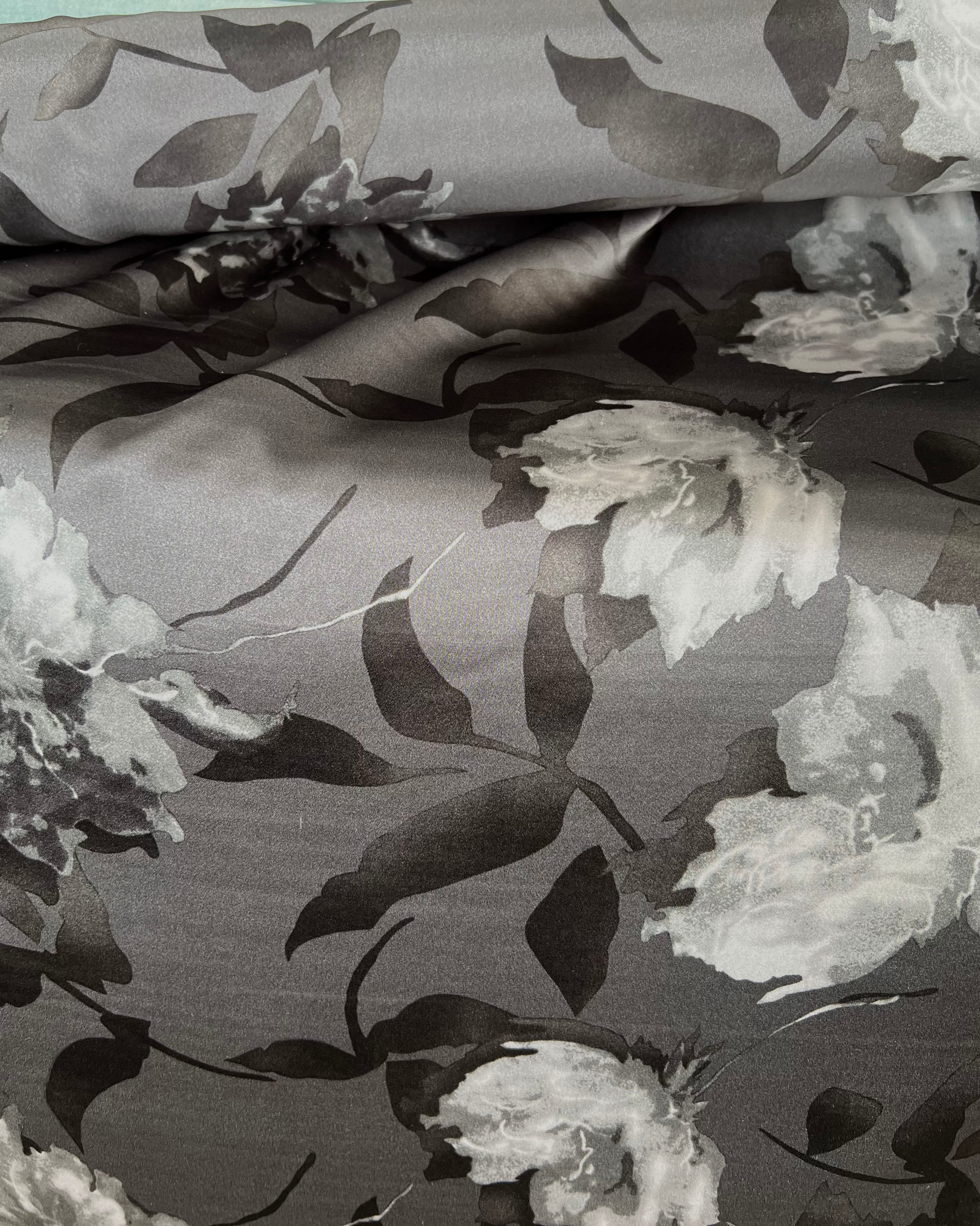 Black, White on Dark Gray Floral Pure Silk Charmeuse- 45” Wide- 16MM (361)
