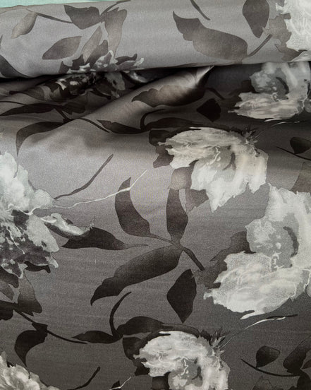 Black, White on Dark Gray Floral Pure Silk Charmeuse- 45” Wide- 16MM (361)
