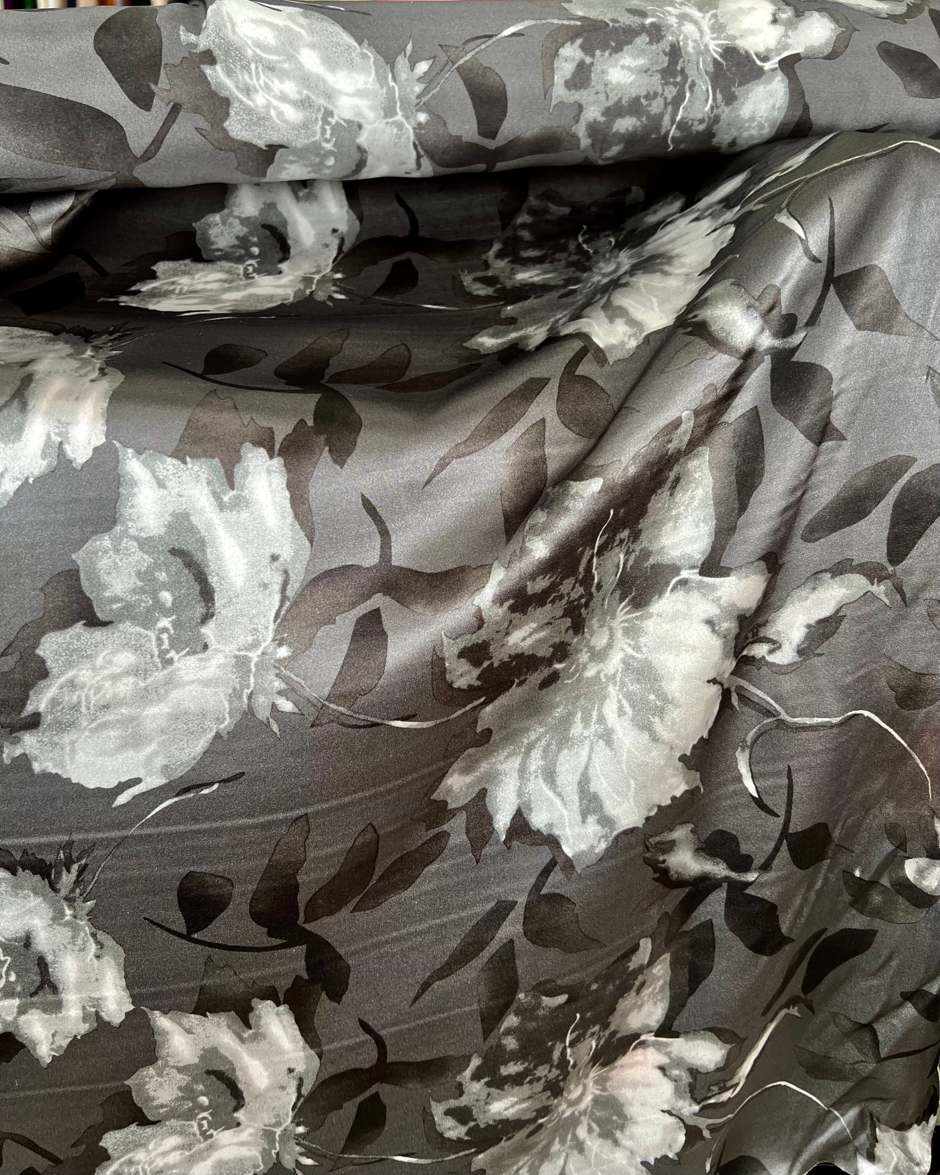 Black, White on Dark Gray Floral Pure Silk Charmeuse- 45” Wide- 16MM (361)