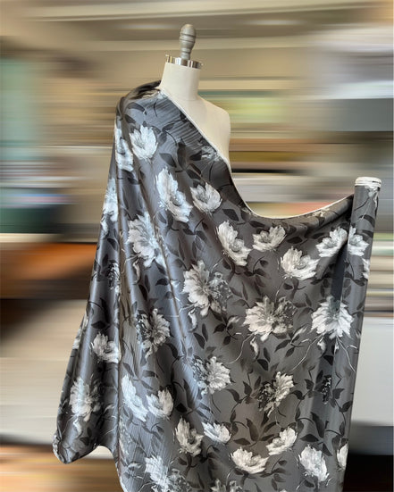 Black, White on Dark Gray Floral Pure Silk Charmeuse- 45” Wide- 16MM (361)