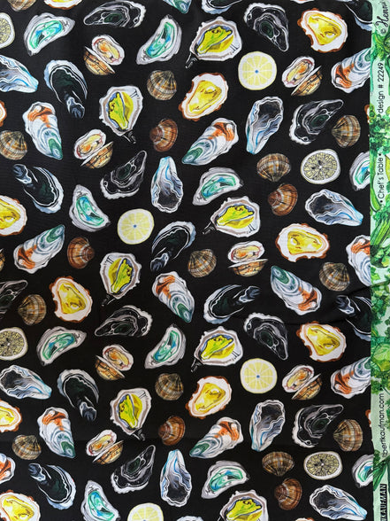 Colorful Oysters- Black- Chef’s Table- 44” Wide Cotton Fabric