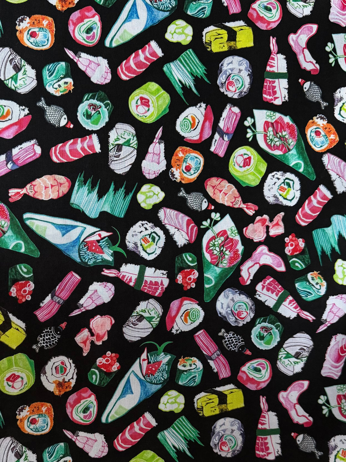 Colorful Sushi- Black- Chef’s Table- 44” Wide Cotton Fabric