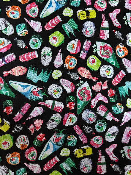 Colorful Sushi- Black- Chef’s Table- 44” Wide Cotton Fabric
