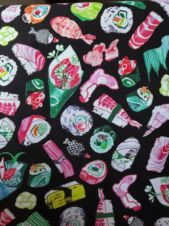 Colorful Sushi- Black- Chef’s Table- 44” Wide Cotton Fabric