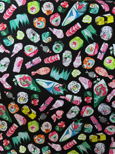 Colorful Sushi- Black- Chef’s Table- 44” Wide Cotton Fabric