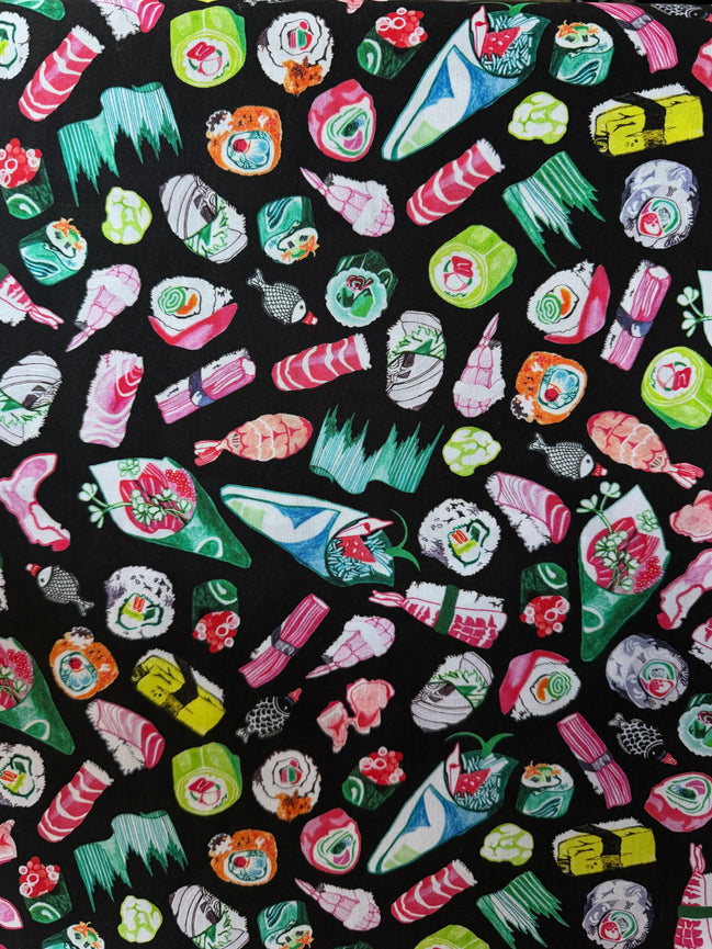 Colorful Sushi- Black- Chef’s Table- 44” Wide Cotton Fabric