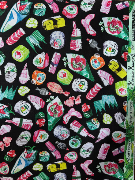 Colorful Sushi- Black- Chef’s Table- 44” Wide Cotton Fabric