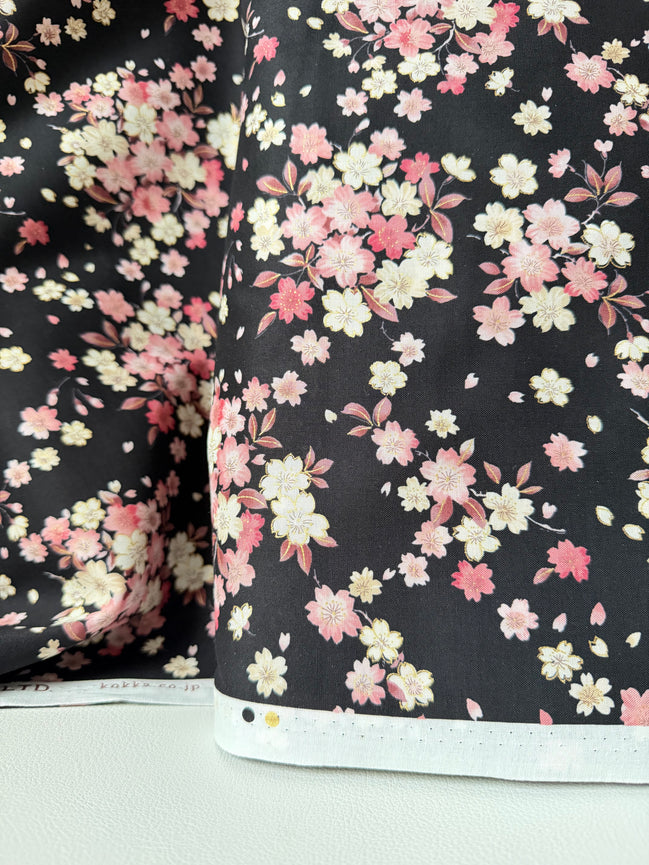 Kokka Japanese Sakura- 100% Cotton- 43” Wide- Subtle Metallic- Subtle Metallic- Pink, Black