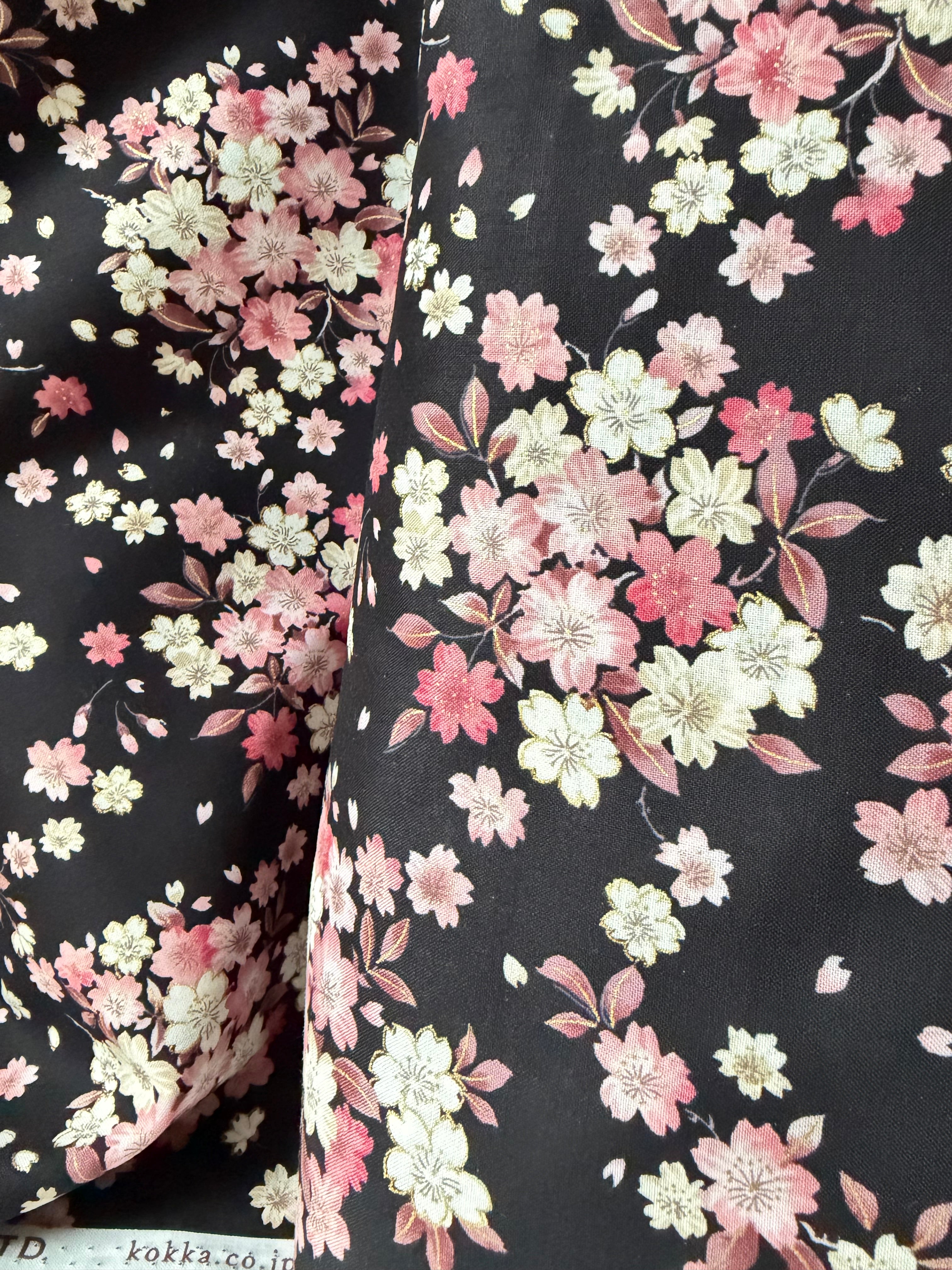 Kokka Japanese Sakura- 100% Cotton- 43” Wide- Subtle Metallic- Subtle Metallic- Pink, Black