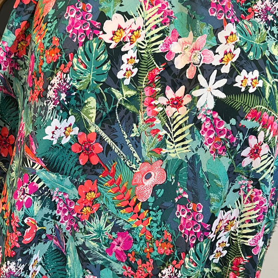 Colorful Floral on Black "Lush Rainforest" Rayon Challis Fabric- 54"