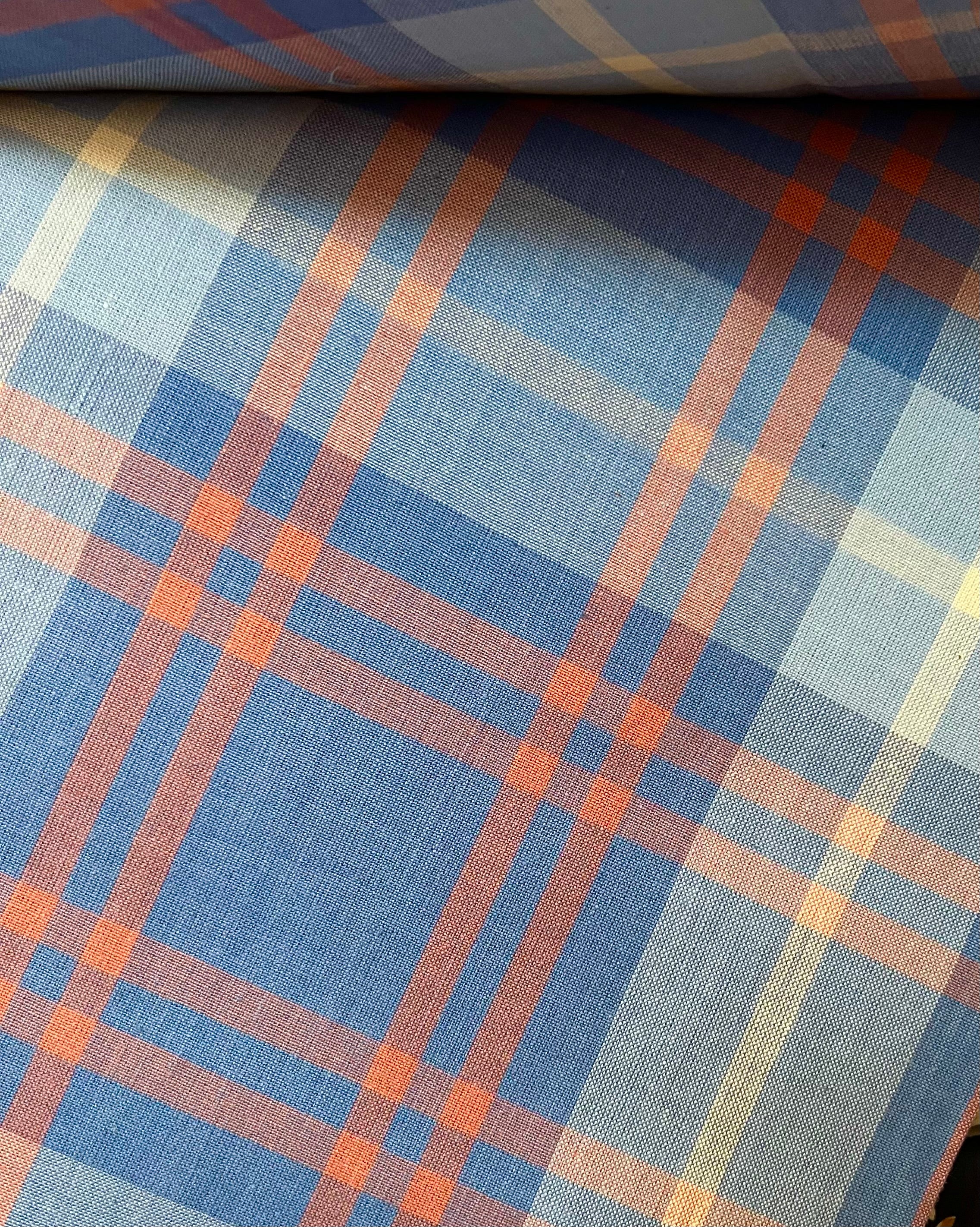 Blue, Orange “Lazuli”- Fableism- Arcade Plaid- 44” Wide- Cotton Woven