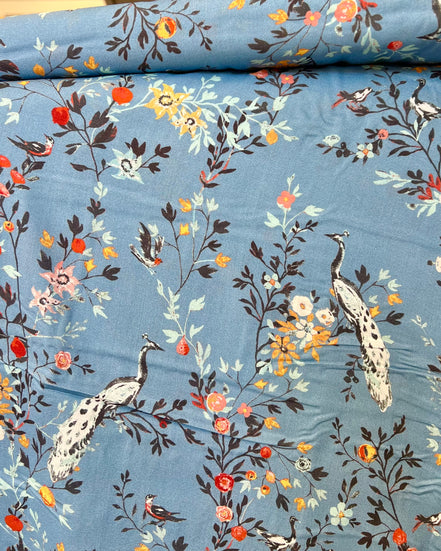 Peacocks, Floral on Blue "Afreschi Uffizi Ceruleo" Rayon Challis Fabric- Art Gallery- 56"