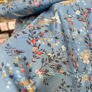 Peacocks, Floral on Blue 
