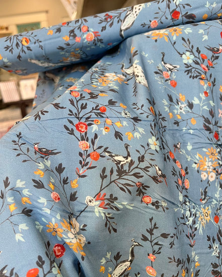 Peacocks, Floral on Blue "Afreschi Uffizi Ceruleo" Rayon Challis Fabric- Art Gallery- 56"