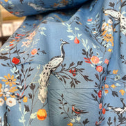 Peacocks, Floral on Blue 