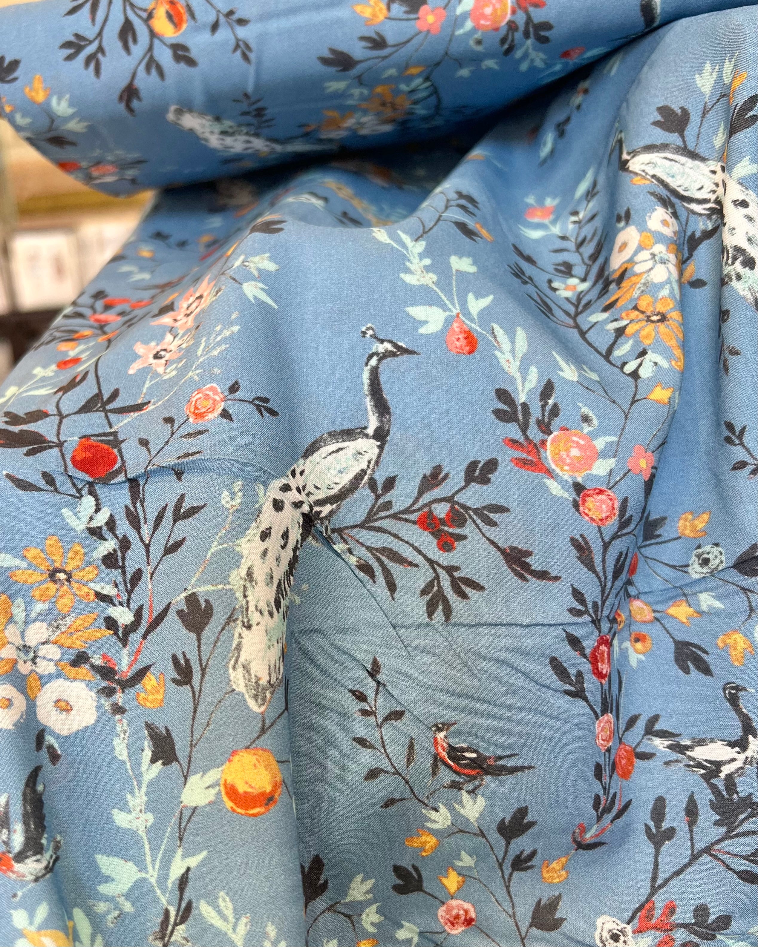 Peacocks, Floral on Blue 