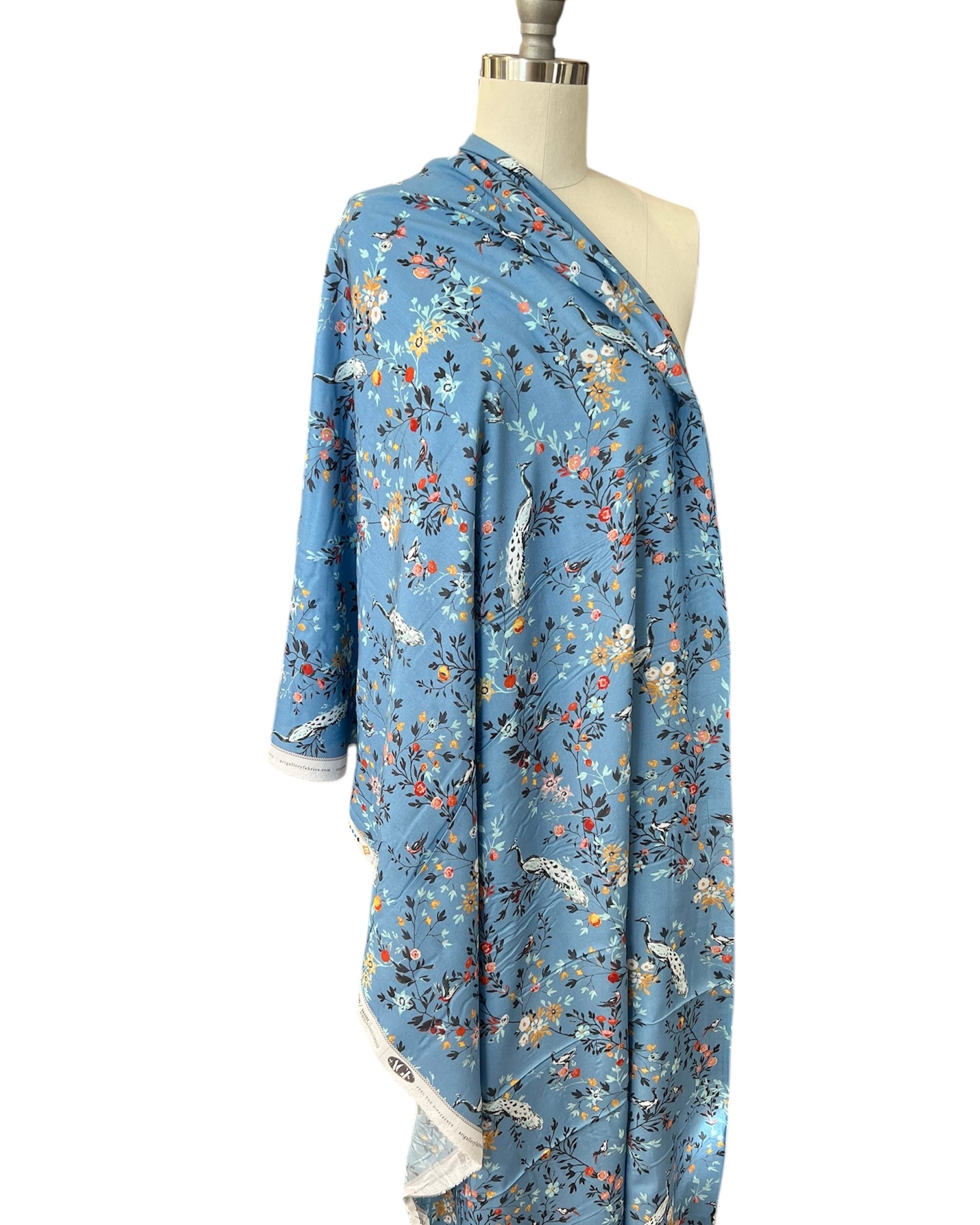 Peacocks, Floral on Blue 