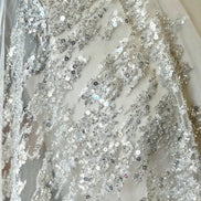 Silver Sequin and Beaded on White Tulle- 59” Wide (218)