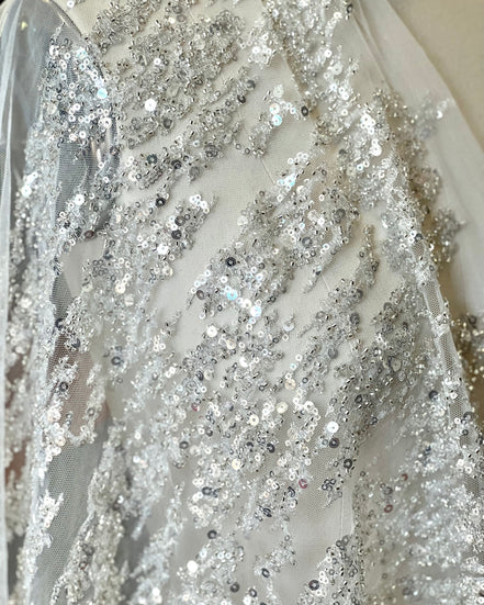 Silver Sequin and Beaded on White Tulle- 59” Wide (218)