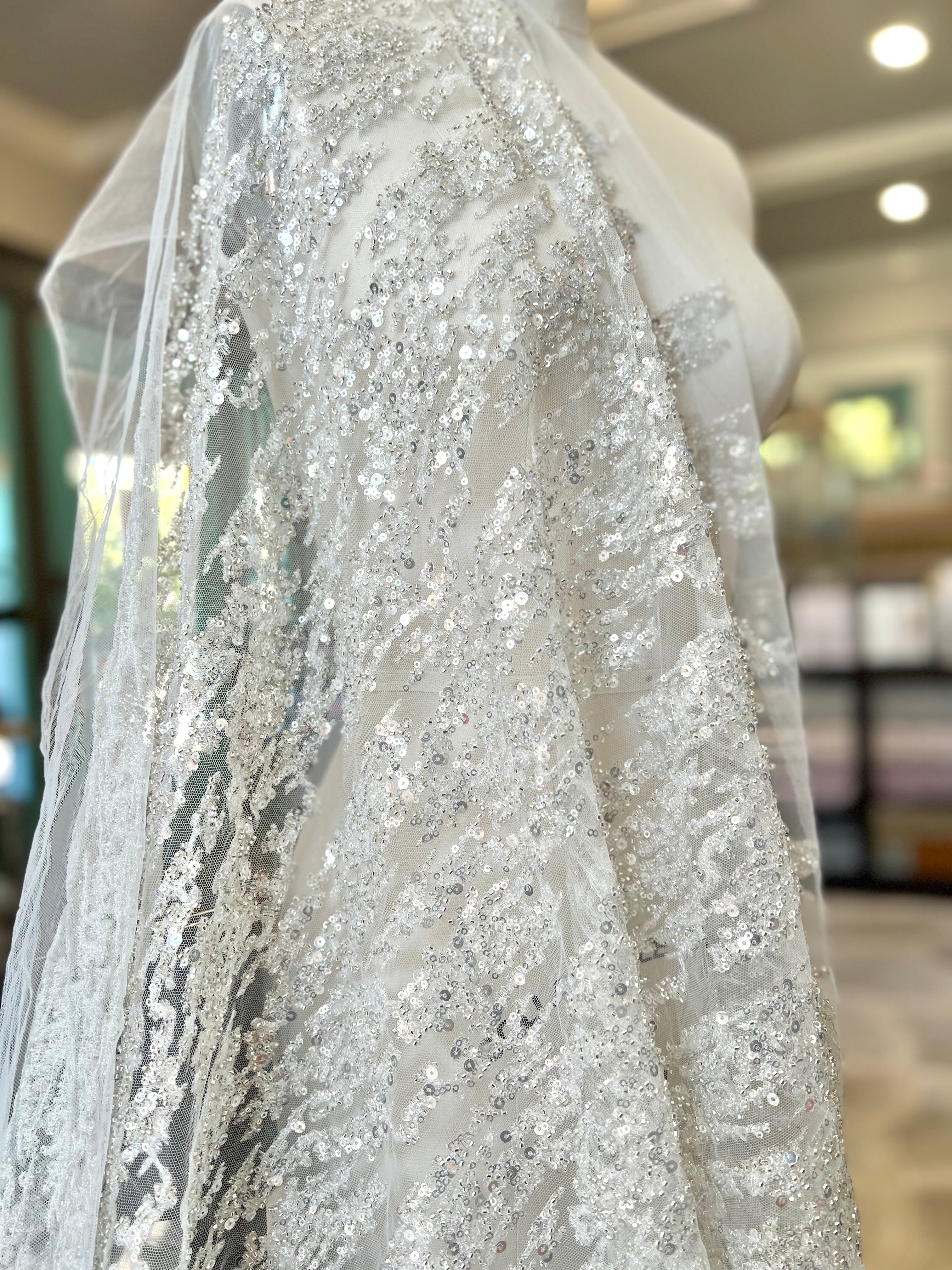 Silver Sequin and Beaded on White Tulle- 59” Wide (218)