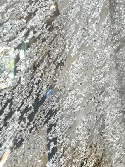 Silver Sequin and Beaded on White Tulle- 59” Wide (218)