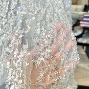 Silver Sequin and Beaded on White Tulle- 59” Wide (218)