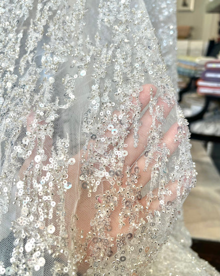 Silver Sequin and Beaded on White Tulle- 59” Wide (218)