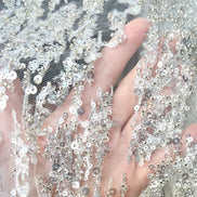 Silver Sequin and Beaded on White Tulle- 59” Wide (218)