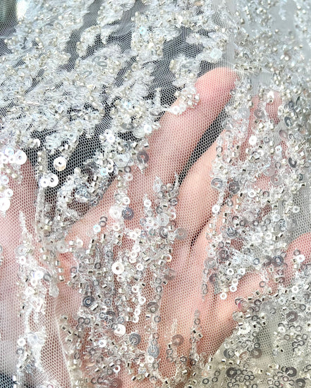 Silver Sequin and Beaded on White Tulle- 59” Wide (218)