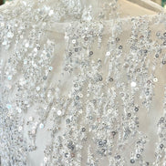 Silver Sequin and Beaded on White Tulle- 59” Wide (218)