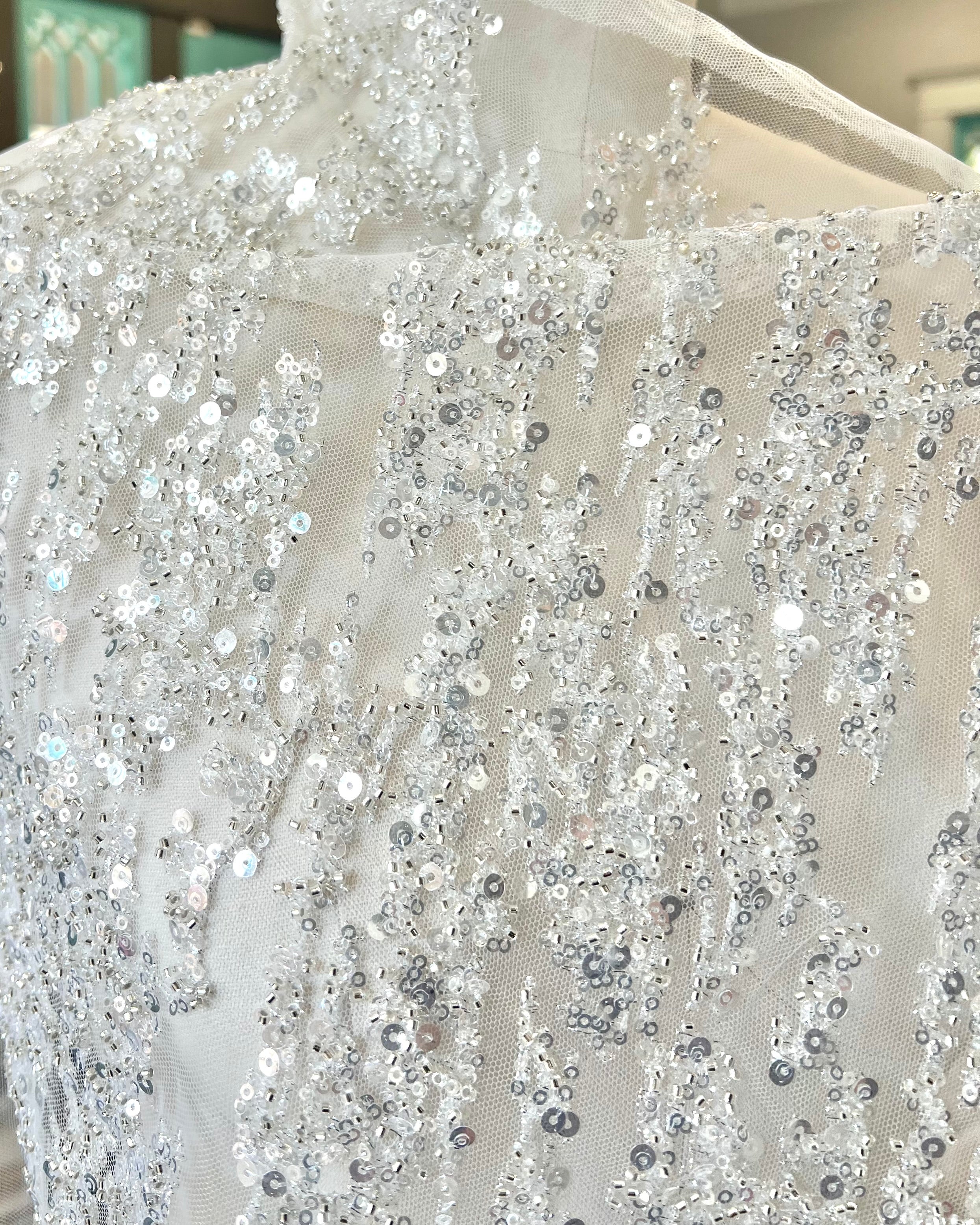 Silver Sequin and Beaded on White Tulle- 59” Wide (218)