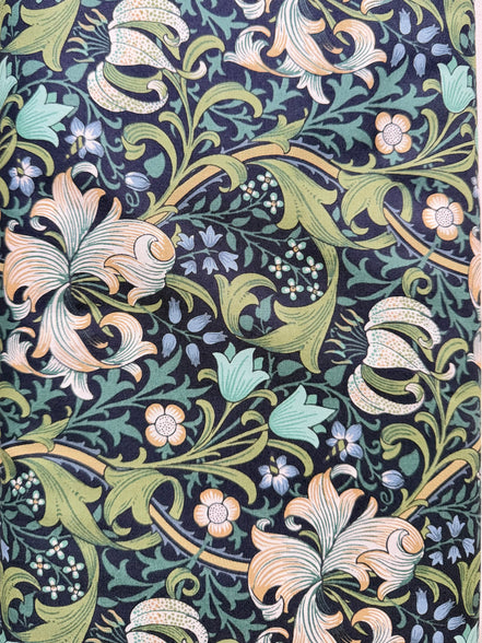 William Morris Large Florals- 44” Wide Cotton Fabric- “Golden Lily Navy Buttermere"