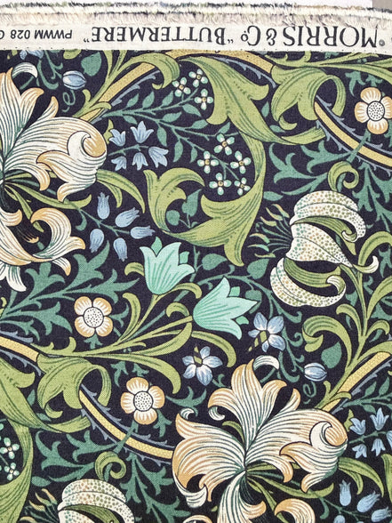 William Morris Large Florals- 44” Wide Cotton Fabric- “Golden Lily Navy Buttermere"