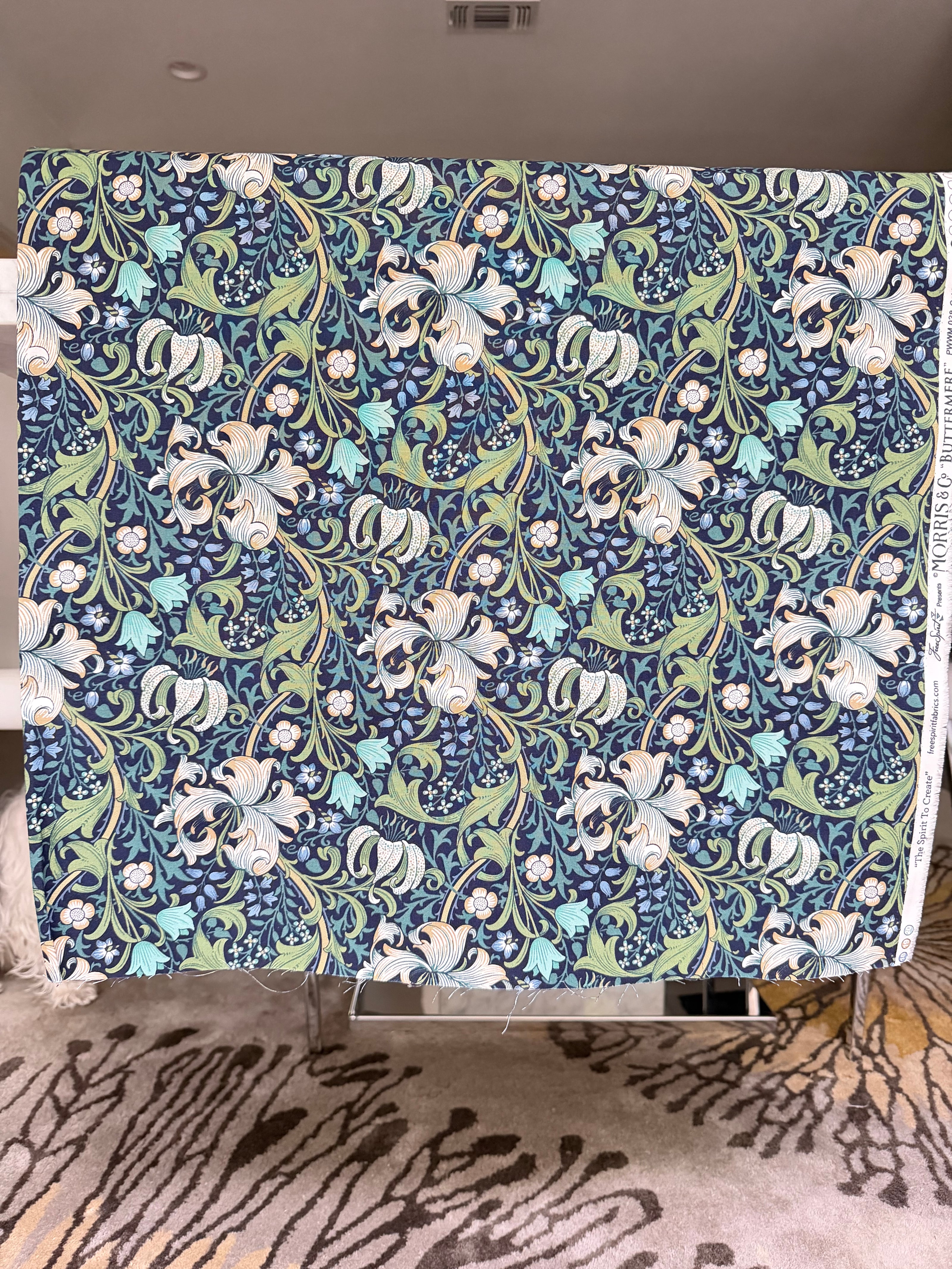William Morris Large Florals- 44” Wide Cotton Fabric- “Golden Lily Navy Buttermere