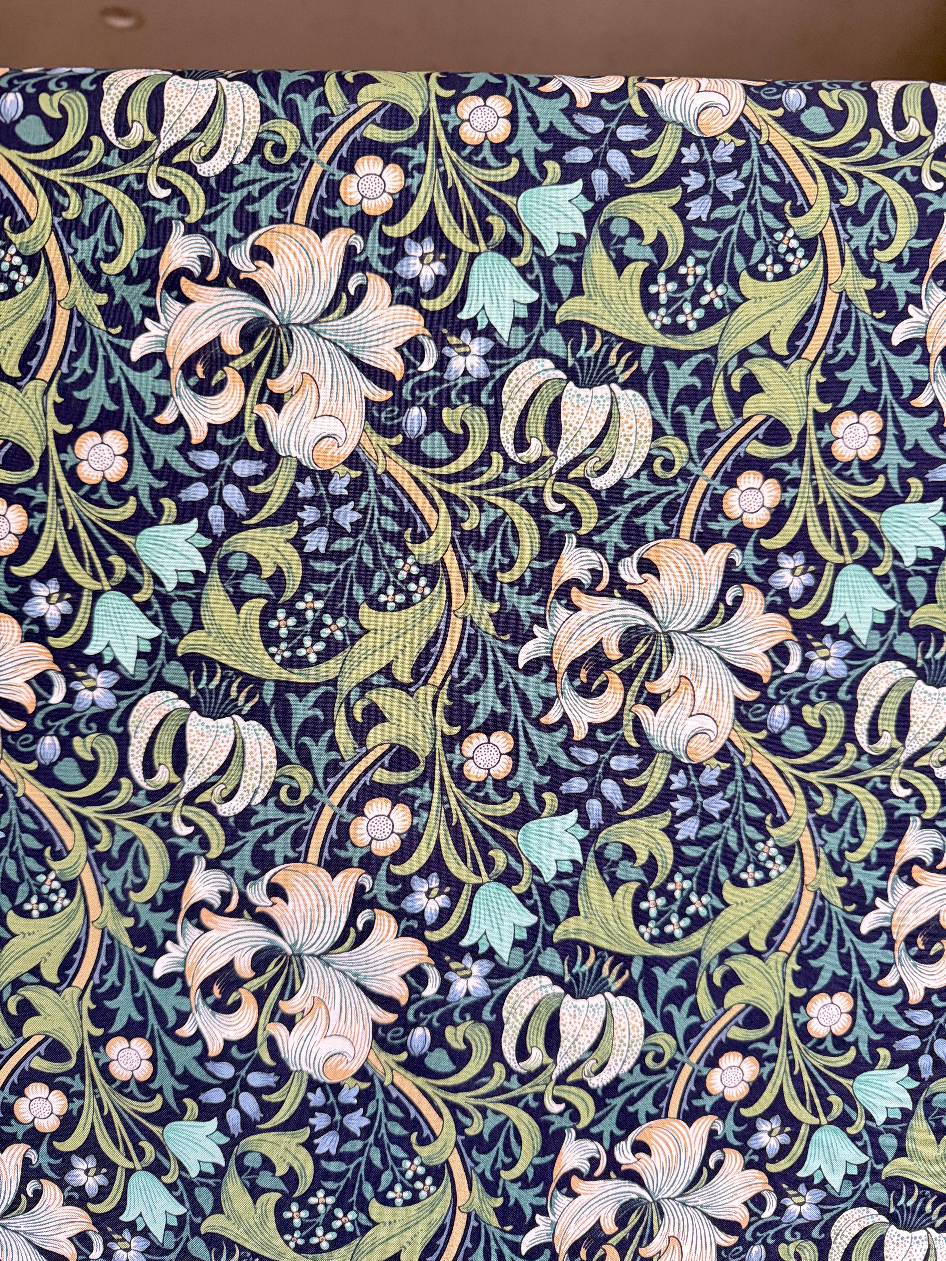 William Morris Large Florals- 44” Wide Cotton Fabric- “Golden Lily Navy Buttermere