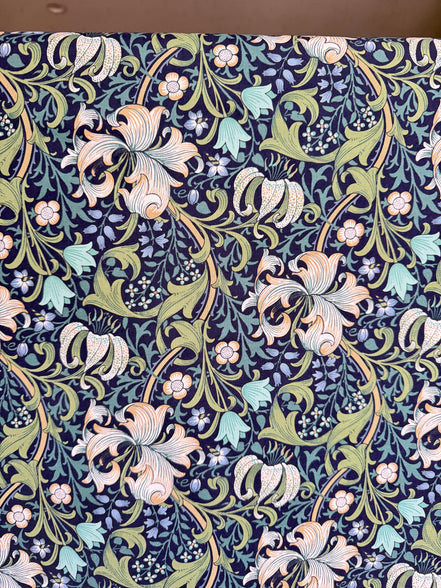 William Morris Large Florals- 44” Wide Cotton Fabric- “Golden Lily Navy Buttermere"