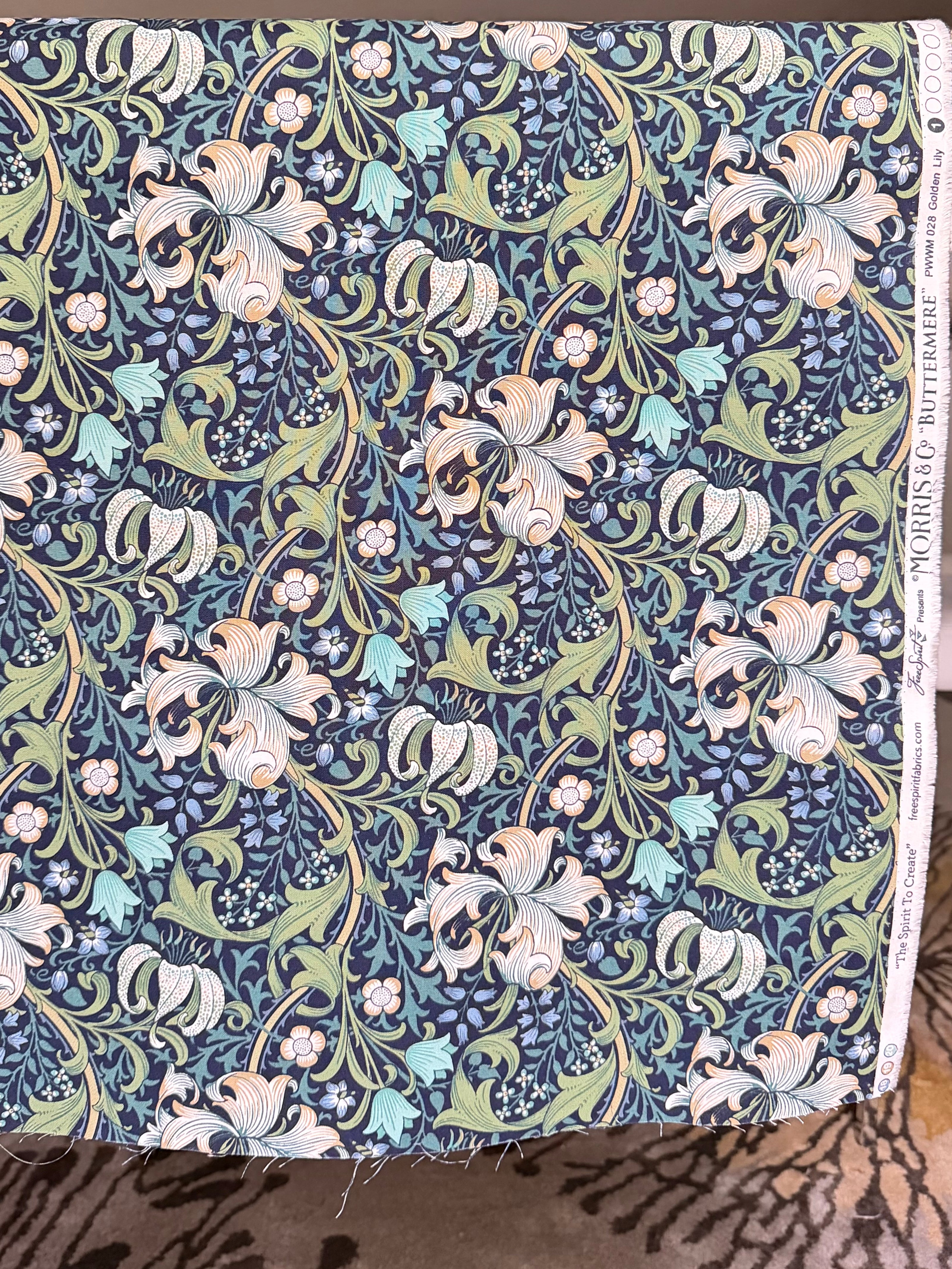 William Morris Large Florals- 44” Wide Cotton Fabric- “Golden Lily Navy Buttermere