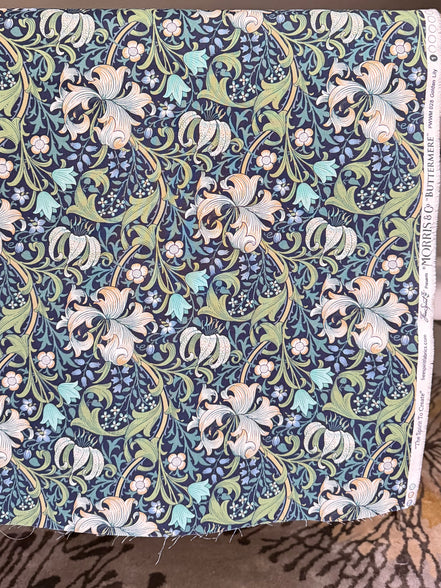 William Morris Large Florals- 44” Wide Cotton Fabric- “Golden Lily Navy Buttermere"