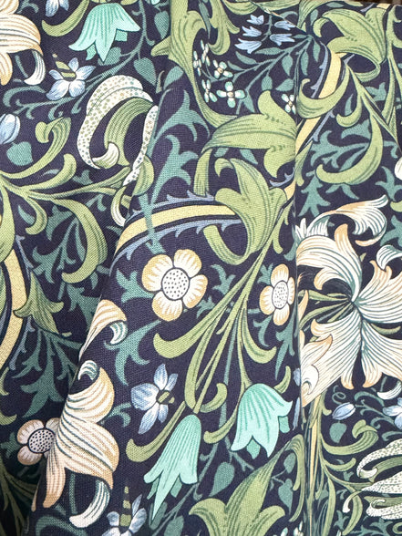 William Morris Large Florals- 44” Wide Cotton Fabric- “Golden Lily Navy Buttermere"