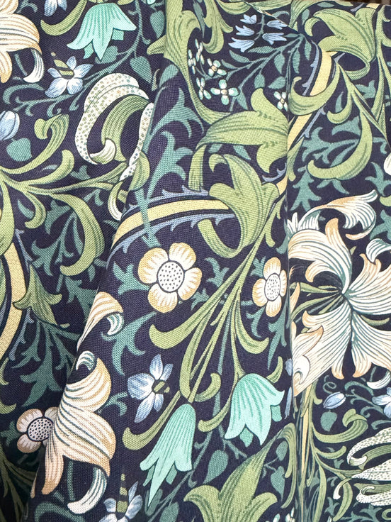 William Morris Large Florals- 44” Wide Cotton Fabric- “Golden Lily Navy Buttermere"