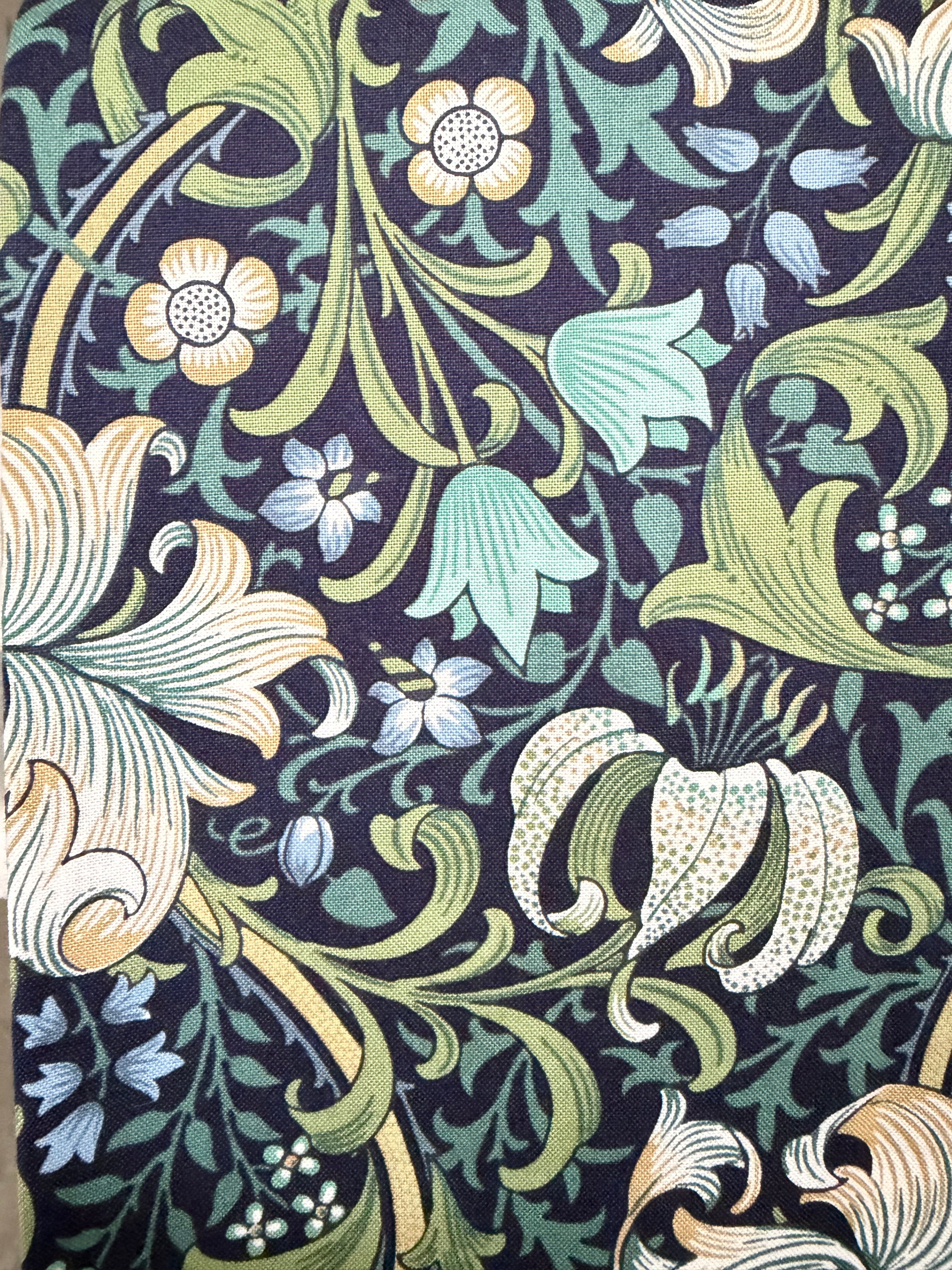 William Morris Large Florals- 44” Wide Cotton Fabric- “Golden Lily Navy Buttermere