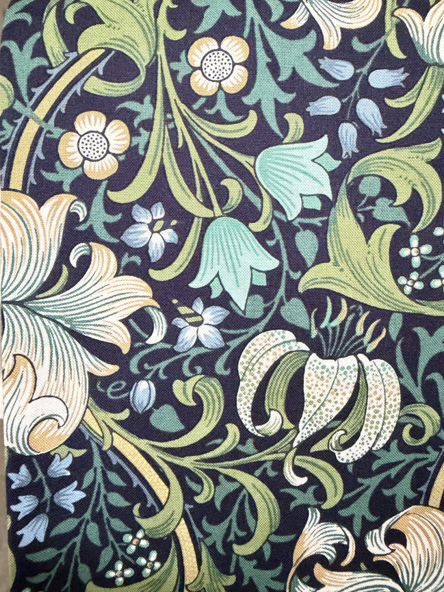 William Morris Large Florals- 44” Wide Cotton Fabric- “Golden Lily Navy Buttermere"