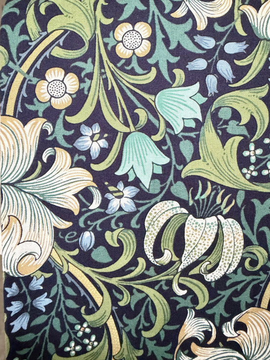 William Morris Large Florals- 44” Wide Cotton Fabric- “Golden Lily Navy Buttermere"