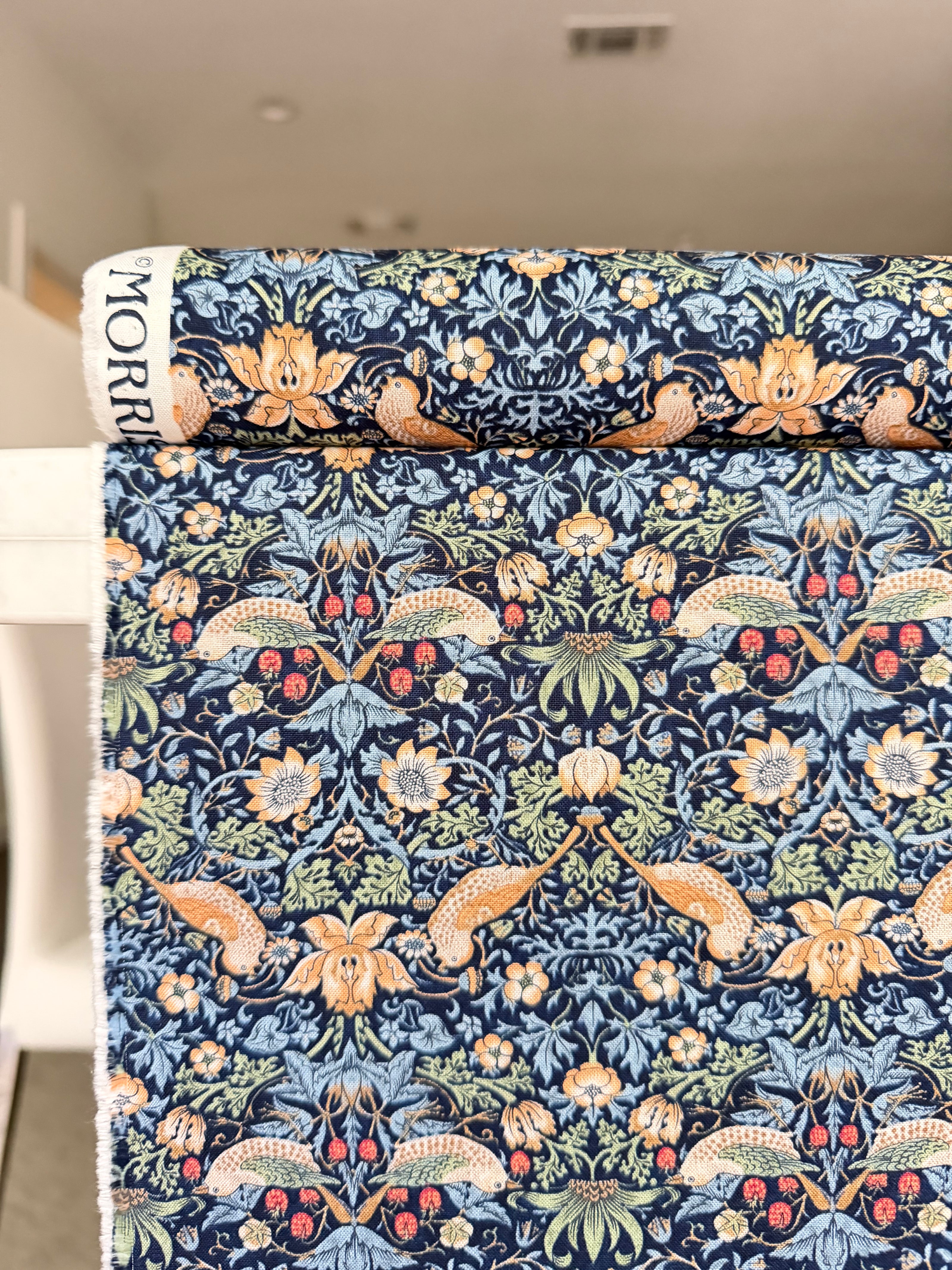 William Morris Florals- 44” Wide Cotton Fabric- “Mini Strawberry Thief Navy