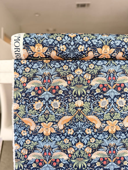 William Morris Florals- 44” Wide Cotton Fabric- “Mini Strawberry Thief Navy"