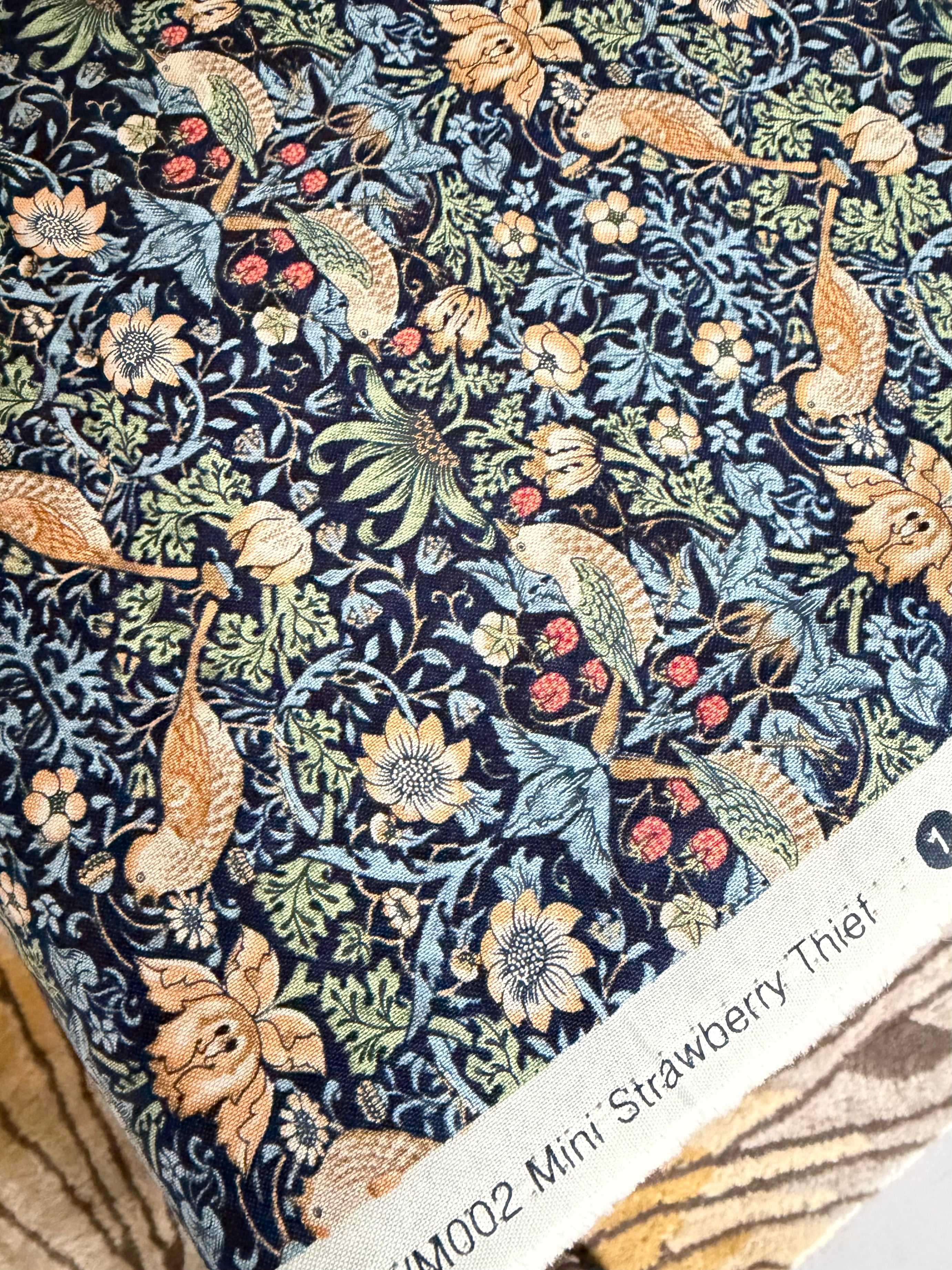 William Morris Florals- 44” Wide Cotton Fabric- “Mini Strawberry Thief Navy