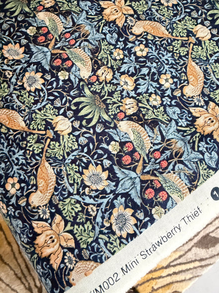William Morris Florals- 44” Wide Cotton Fabric- “Mini Strawberry Thief Navy"