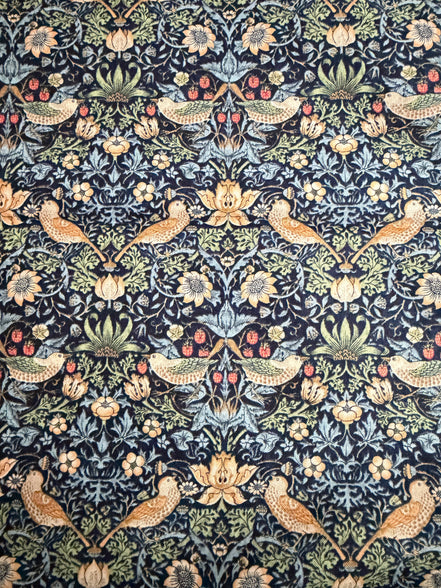William Morris Florals- 44” Wide Cotton Fabric- “Mini Strawberry Thief Navy"