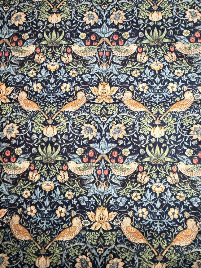 William Morris Florals- 44” Wide Cotton Fabric- “Mini Strawberry Thief Navy"