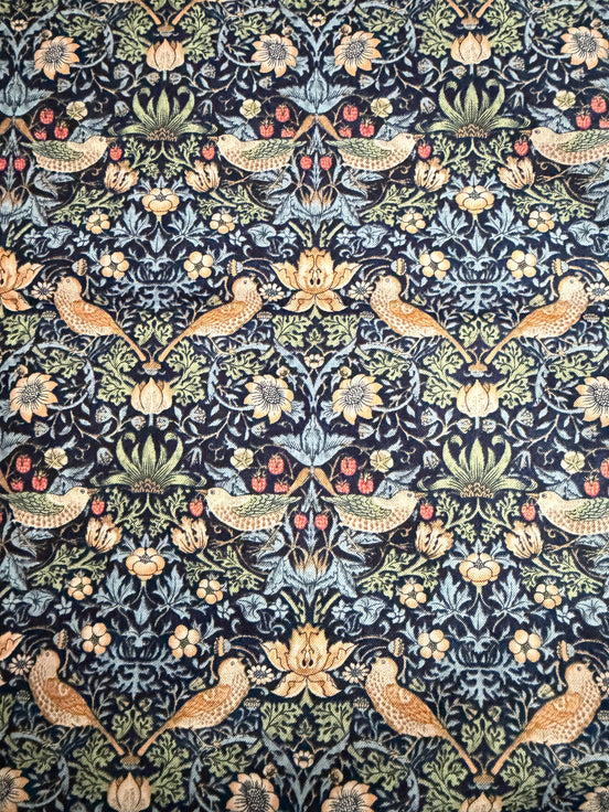 William Morris Florals- 44” Wide Cotton Fabric- “Mini Strawberry Thief Navy"